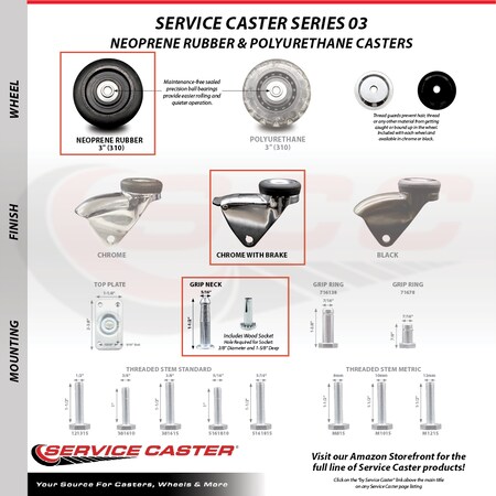 Service Caster 3 Inch Chrome Hooded Neoprene Rubber Grip Ring Stem Casters with Brake SCC, 5PK SCC-GN03S310-NPRB-BC-B-5
